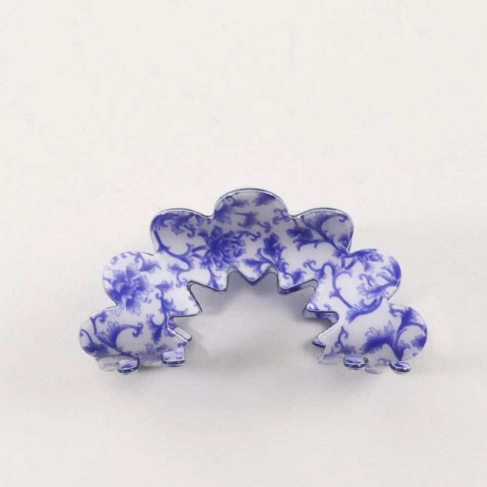 Vintage Spring Porcelain Style Floral Half Moon Hair Clip Blue and White